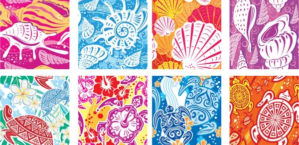 Seamless Colorful Patterns Beach Motives Shells Turtles Waves Stock Vector