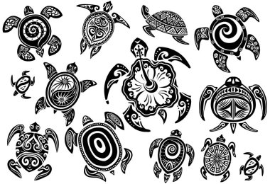 Maori dövmeli dekoratif kaplumbağaların oturuşu, Polinezya tarzı.