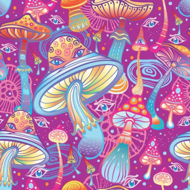 Sihirli mantarlı kusursuz desen, el çizimi vektör çizimi