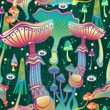 Sihirli mantarlı kusursuz desen, el çizimi vektör çizimi