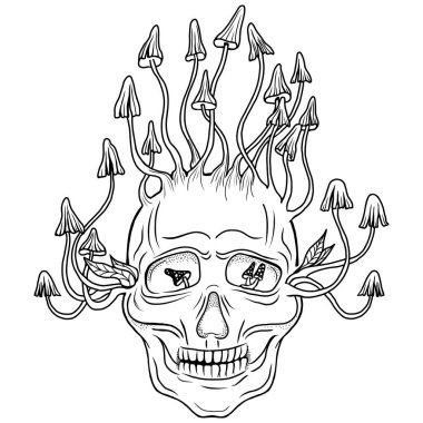 Orman zehirli mantarları insan kafatasından çıkar. Elle çizilmiş vektör çizimi.