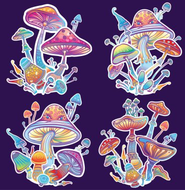 Afişler, çıkartmalar, tişört tasarımı, logolar, etiketler, kartlar için beyaz çizgili mantarlı çıkartmalar.