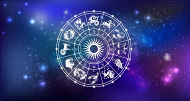Karanlık uzayın arka planında Zodiac İşaretli Astroloji Burcu, sembol takvimi