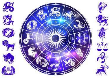 Karanlık uzayın arka planında burç işaretleri olan astroloji burcu.