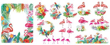 Flamingolardan, çiçeklerden, yapraklardan tropik düzenlemeler. Parti davetleri, kart, poster, afiş ve diğer şeyler için vektör yaz şablonları