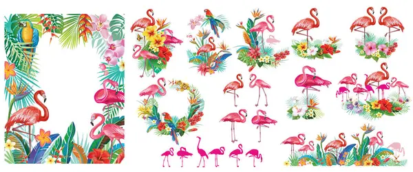 Flamingolardan, çiçeklerden, yapraklardan tropik düzenlemeler. Parti davetleri, kart, poster, afiş ve diğer şeyler için vektör yaz şablonları