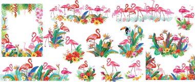 Flamingolar ve Çiçeklerle Tropikal Düzenleme. Yaz Şablonları, Parti Davetiyeleri, Kartlar, Posterler, Afişler ve Daha fazlası için Ön Yapım Tasarım Elementleri.