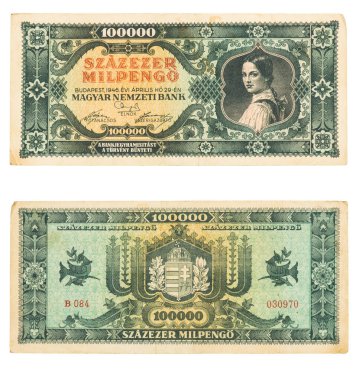Macaristan 'da 1946' dan kalma 100 bin pengo banknotları, önde ve arkada.