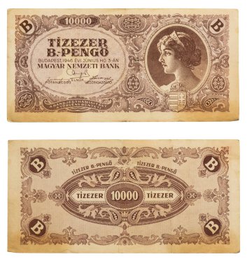 Macar 10 bin pengo banknotu, 1946 'dan, ön ve arka taraftan.