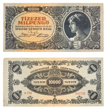 Macar 10 bin pengo banknotu, 1946 'dan, ön ve arka taraftan.