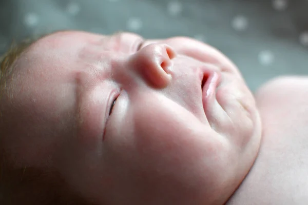 Face Crying Newborn Boy Close Portrait Displeased Baby — Stock Photo, Image