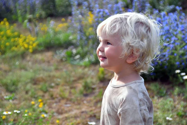 Portret Uśmiechniętego Chłopca Wieku Lat Jasnymi Blond Włosami — Zdjęcie stockowe