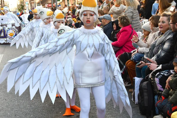 TORREVIEJA, İspanya 4 Şubat 2024: Yıllık Karnaval Geçidi katılımcıları. İspanya 'da Mardi Gras