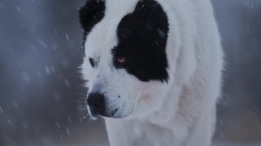 Yavaş çekimde Alabai portresi. Kar, sakin bir kış sahnesine yavaşça düşüyor.