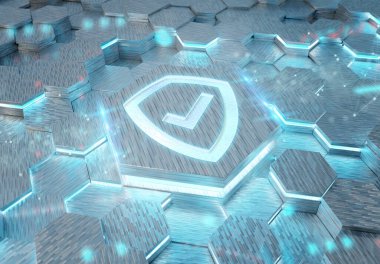 Beyaz ve mavi metal altıgen arkaplana kazınmış bir kalkan simgesi konsepti. Güvenlik logosu soyut dijital yüzeyde parlıyor. 3d oluşturma