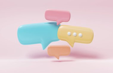 Minimalist mavi ve sarı konuşma baloncukları pembe arkaplanda yüzen ikonlar hakkında konuşuyorlar. Modern sohbet ya da gölgeli sosyal medya mesajları. 3B görüntüleme