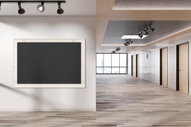 Karanlık ofis toplantı odasında asılı duran iki dikey çerçeve. Modern şirketlerin iç mekan 3D görüntülemesindeki reklam panolarını düzenle