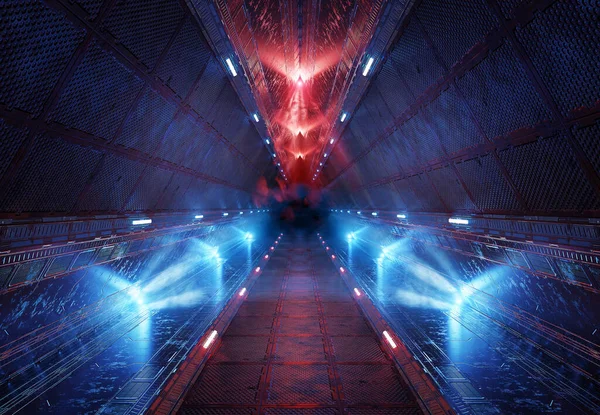 Triangle Shaped Spaceship Background Space Station Futuristic Interior Corridor Blue — Φωτογραφία Αρχείου