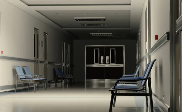 长长的黑暗医院走廊 房间和蓝色座位3D渲染 空空如也的事故和紧急的室内 明亮的灯光从天花板照亮了大厅 — 图库照片