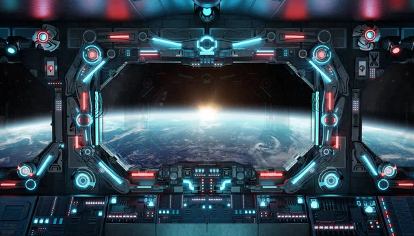黑暗的宇宙飞船内部闪烁着蓝色和红色的灯光 在行星地球和控制面板上有大窗户的未来主义宇宙飞船 3D渲染 — 图库照片