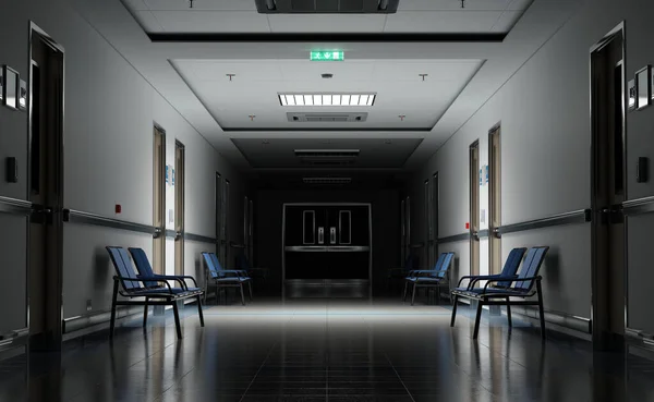 Long Couloir Hôpital Sombre Avec Des Chambres Des Sièges Bleus — Photo