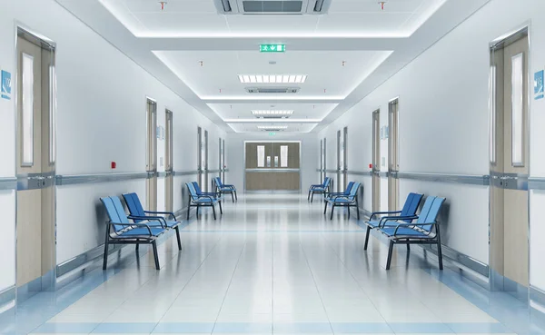 Long white hospital corridor with rooms and blue seats 3D rendering. Empty accident and emergency interior with bright lights lighting the hall from the ceiling