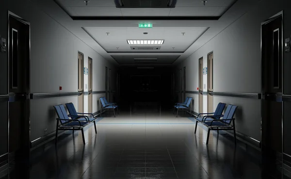 Long Couloir Hôpital Sombre Avec Des Chambres Des Sièges Bleus — Photo