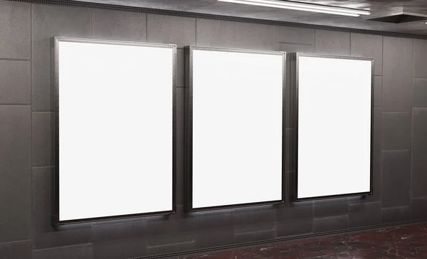 Τρεις Κάθετες Πινακίδες Στον Υπόγειο Τοίχο Του Μετρό Mockup Αποθηκεύσεις — Φωτογραφία Αρχείου