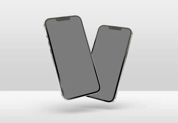 フランス 2022年4月28日 Appleのスマートフォンを新発売Iphone Pro Max Realistic 3Dレンダリング シルバーカラーフロントスクリーンモックアップ グレーの背景に浮かぶ2つの現代的なスマートフォン — ストック写真