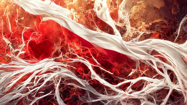 Abstract red and white liquid wallpaper. Texture imitating moving blood and milk or painting with running details. 3D rendering background for graphic design, banner, illustration and poster
