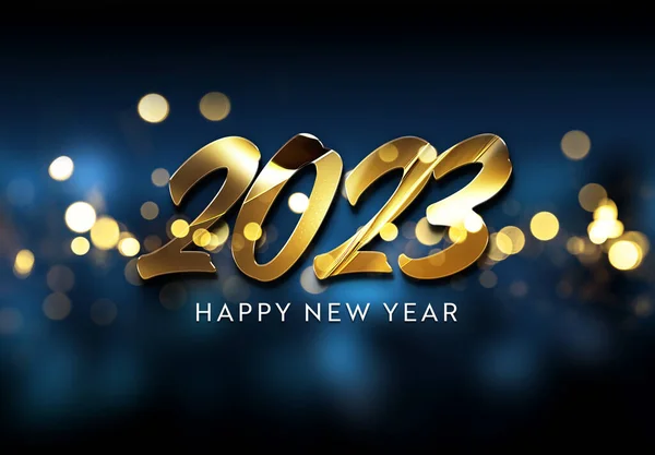 2023 Begroetingen Met Gouden Effect Glanzend Gelukkig Nieuwjaar Tekst Donkerblauw — Stockfoto