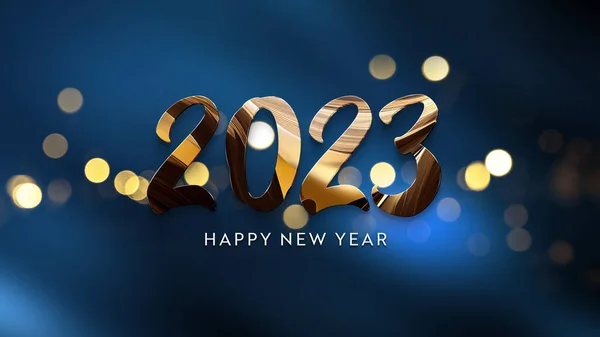 2023 Begroetingen Met Gouden Effect Glanzend Gelukkig Nieuwjaar Tekst Donkerblauw — Stockfoto