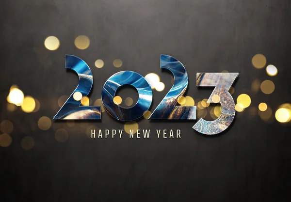 黄金効果で2023年の挨拶 グラフィックデザイン バナー イラスト ポスターのための具体的な上に光沢のあるハッピー新年のテキスト 3Dレンダリング — ストック写真