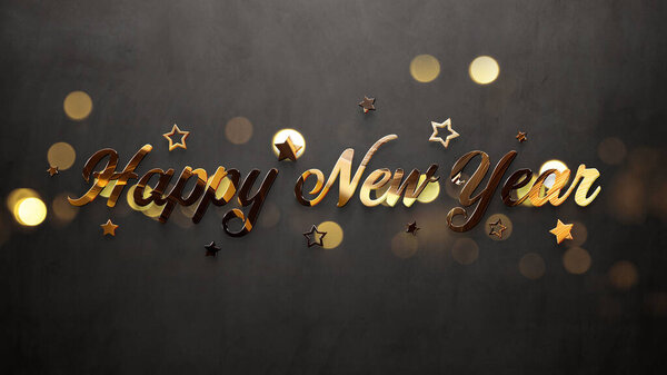 Happy New Year greetings with golden effect. Shiny celebration text on concrete for background, graphic design, banner, illustration, poster. 3D rendering