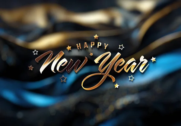 黄金の効果を持つ幸せな新年の挨拶 グラフィックデザイン バナー イラスト ポスターのための濃い青の光沢のあるお祝いテキスト 3Dレンダリング — ストック写真