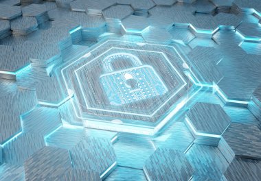 Beyaz ve mavi metal altıgen arka plana kazınmış web güvenlik simgesi konsepti. Soyut dijital yüzeyde parlayan asma kilit logosu. 3d oluşturma