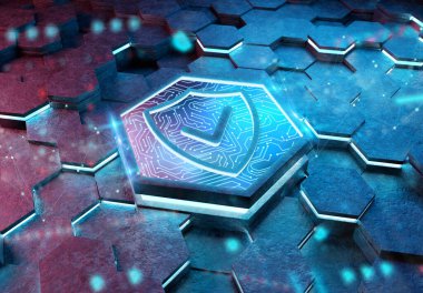 Mavi ve pembe metal altıgen arkaplana kazınmış bir kalkan simgesi konsepti. Güvenlik logosu soyut dijital yüzeyde parlıyor. 3d oluşturma