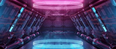 Mavi ve pembe uzay gemisi iç kısımları parlayan, neon ışıklı podyum zemine yansıyor. Uzay istasyonunda daireler çizerek ilerleyen bir koridor. 3d oluşturma