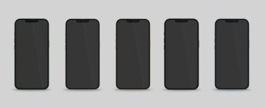 PARIS - Fransa - 28 Nisan 2022: Apple akıllı telefonu, Iphone maksimum 13 pro, Silver, sierra blue, grafit, altın ve yeşil alp rengi gerçekçi 3D görüntüleme, gri arka planda ön ekran mobil modelleme