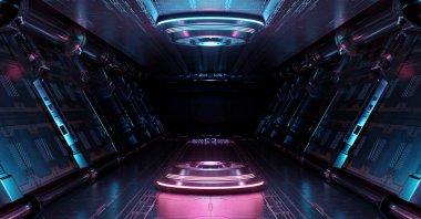 Aydınlatılmış projektörlü mavi ve pembe uzay gemisi. Uzay istasyonunda parlak neon ışıklarıyla dolu fütürist koridor. 3d oluşturma