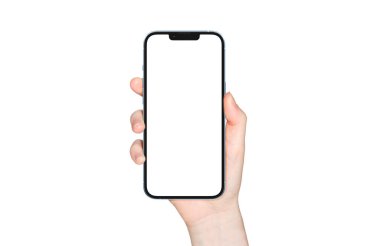 PARIS - France - April 28, 2022: Newly released Apple Smartphone Iphone 13 pro max realistic 3d rendering - Sierra Blue color screen mockup - Woman hand holding modern smartphone on white background