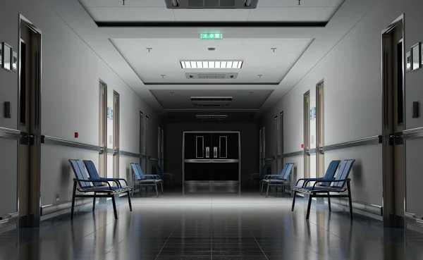 Longo Corredor Hospitalar Escuro Com Quartos Assentos Azuis Renderização Interior — Fotografia de Stock
