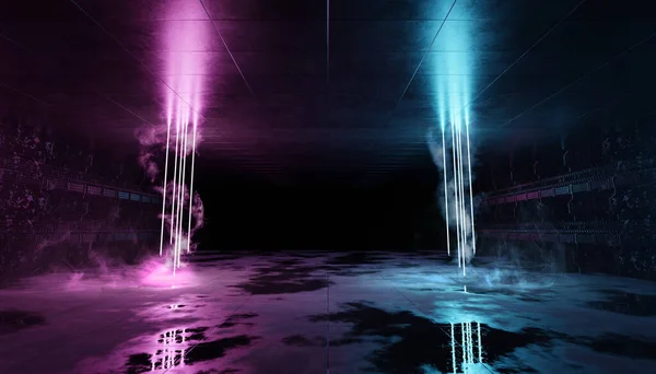 Cyber Neon Laser Tubes Garage Room Hangar Futuristic Blue Pink — Stock Photo, Image