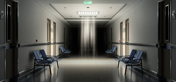 Long Dark Hospital Corridor Rooms Blue Seats Rendering Empty Accident — Foto Stock