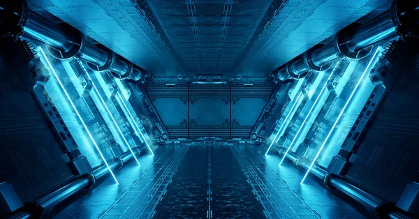 Blått Romskip Innvendig Med Neonlys Panelvegger Futuristisk Moderne Korridor Romstasjonens – stockfoto