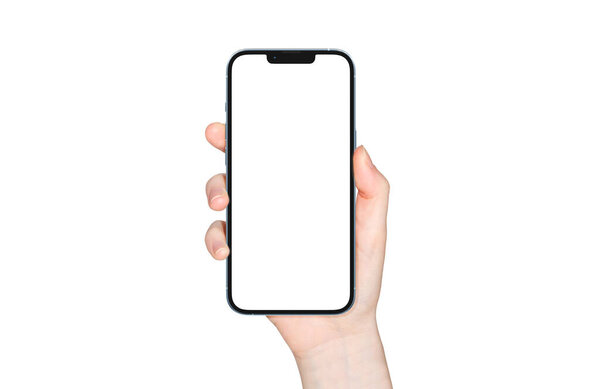 ПАРИЖ - Франция - 28 апреля 2022: Недавно выпущенный смартфон Apple Iphone 13 про макс. реалистичный 3D рендеринг - Sierra blue color screen mockup - Женщина держит современный смартфон на белом фоне