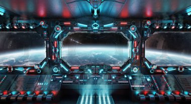 Işıldayan mavi ve kırmızı ışıkları olan karanlık bir uzay gemisi. Dünya gezegenine geniş pencereli ve kontrol panellerine sahip gelecekçi uzay aracı. 3B görüntüleme