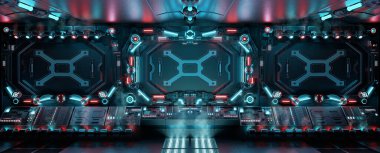 Parlayan kontrol panelleri ve düğmeleri olan karanlık bir uzay gemisi. Mavi ve kırmızı neon ışıklı gelecekteki uzay istasyonu. 3d oluşturma