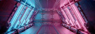 İç kısımları mavi ve pembe renkli. Panel duvarlarında neon ışıkları var. Uzay istasyonu arka planında gelecekçi modern koridor. 3d oluşturma