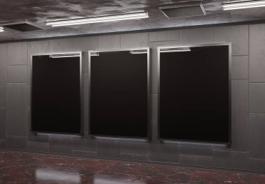 Yeraltı metro duvarında üç tane dikey reklam panosu var. Üç boyutlu reklam tablosu, tren istasyonunun iç mekânına istifçilik.